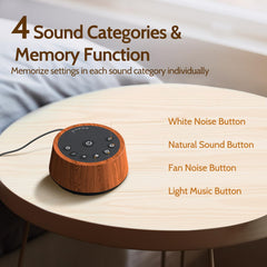 Color Noise Sleep wood button-dials provide tactile control for easy adjustments.
