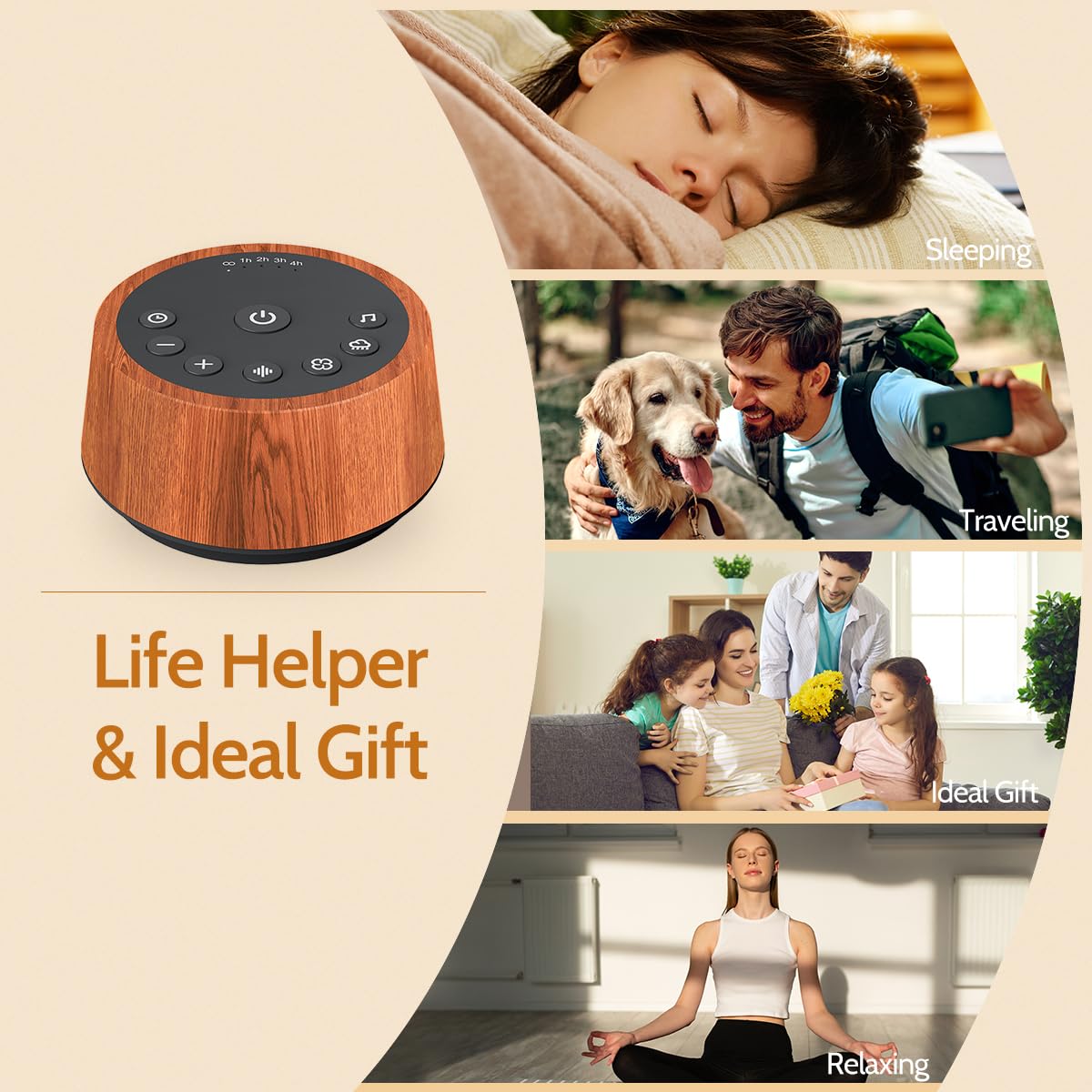 Color Noise Sleep wood packaging emphasizes warranty and included adapters.