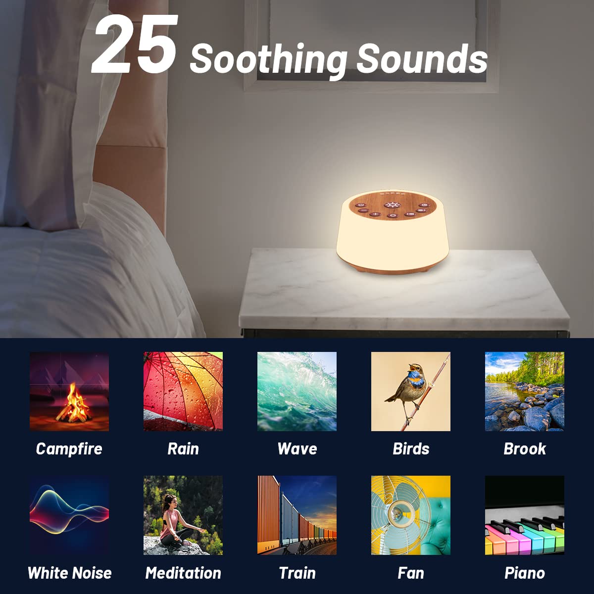 Color Noise sound machine offers 25 soothing sounds for peaceful sleep and concentration.