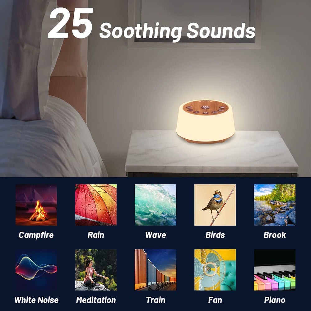Color Noise sound machine offers 25 soothing sounds for peaceful sleep and concentration.