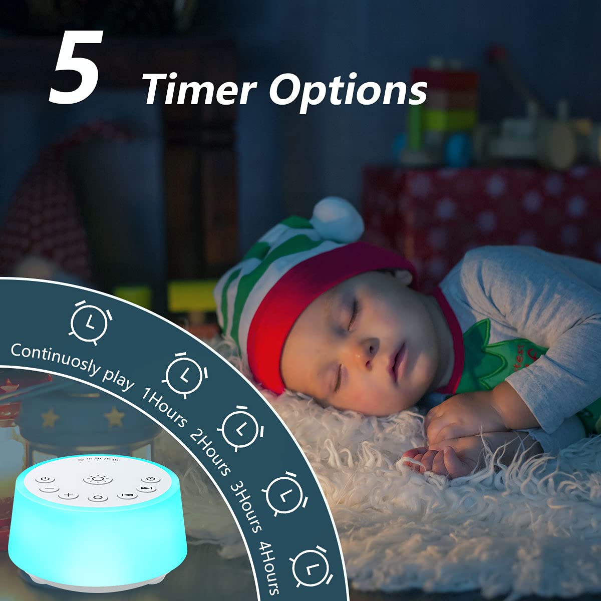 Color Noise timer feature for scheduled playback and energy saving