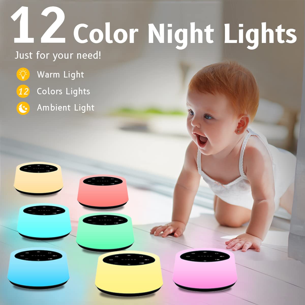 ColorsNoise 12-color night light enhances bedtime ambience and feeding routine.