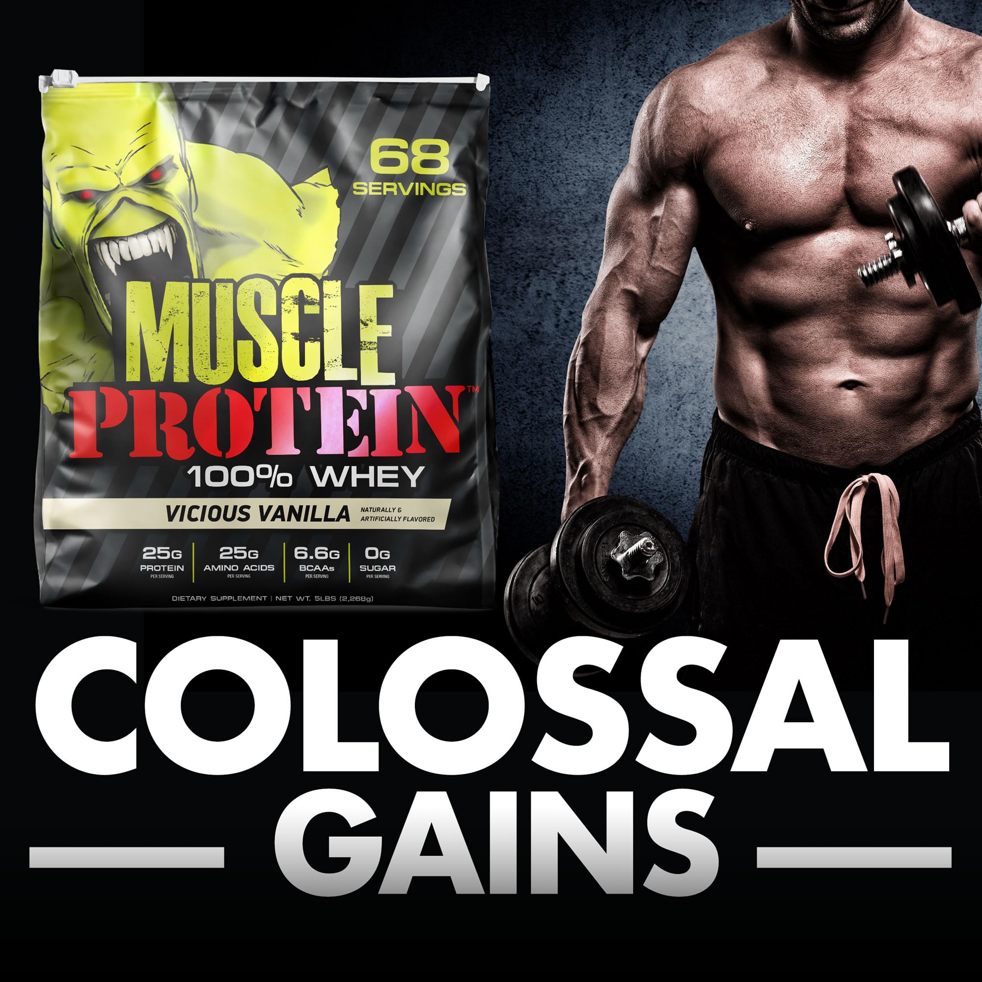 Colossal Labs whey protein powder 5lb chocolate bottle close-up highlights ingredients