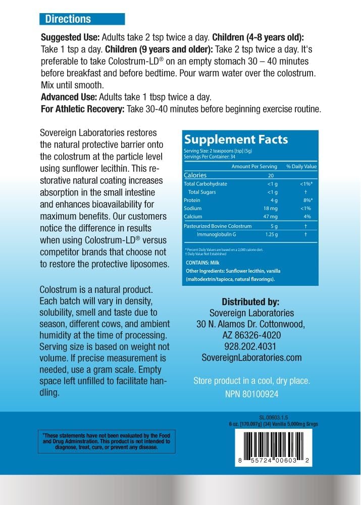 Colostrum-LD label and certifications graphic communicates purity and quality