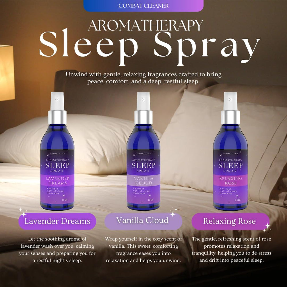 Combat Cleaner Pillow Sleep Spray Rose blend creates soothing ambiance for nightly rest.