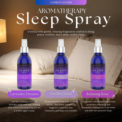 Combat Cleaner Pillow Sleep Spray Rose blend creates soothing ambiance for nightly rest.