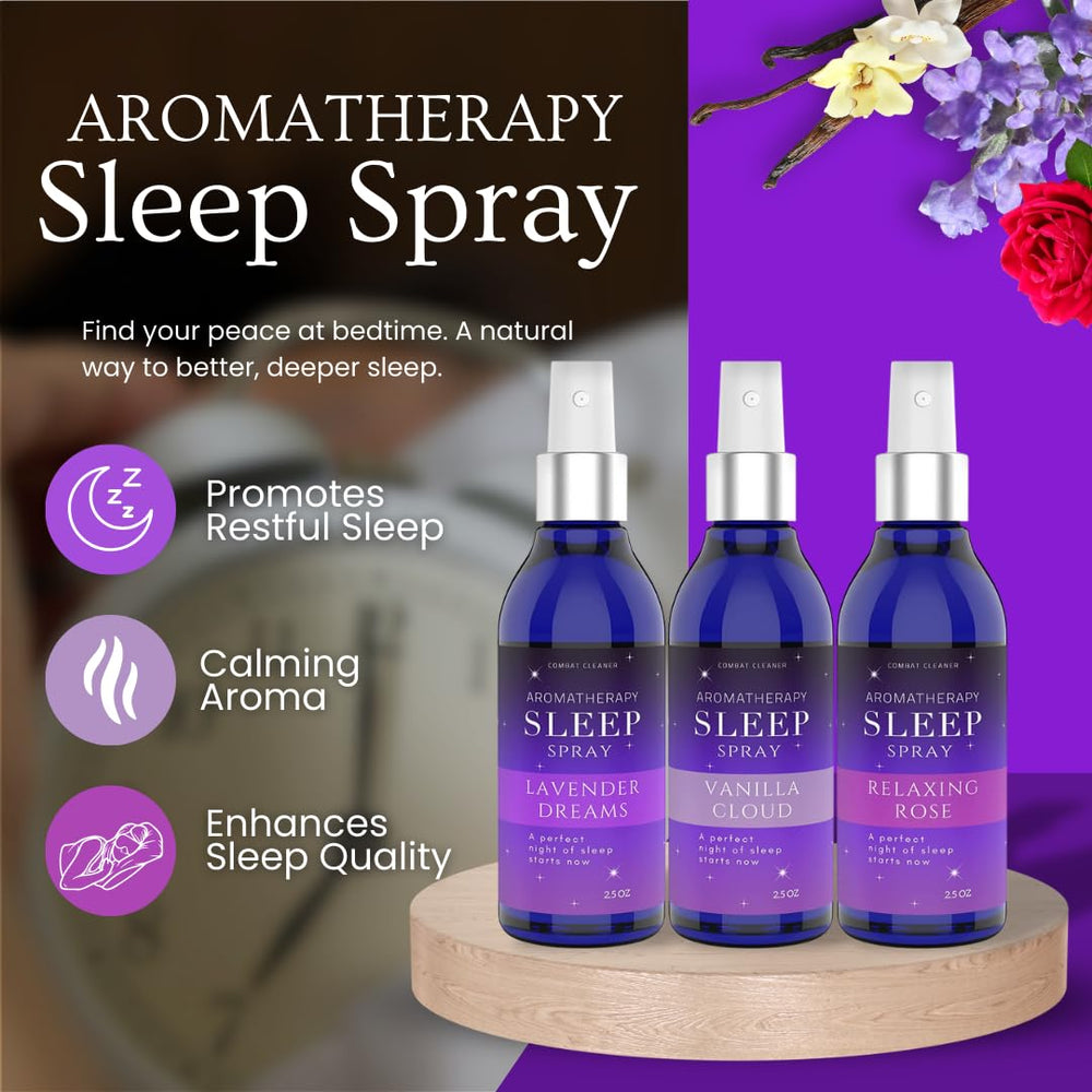Combat Cleaner Pillow Sleep Spray Vanilla mist supports calm and easier bedtime.