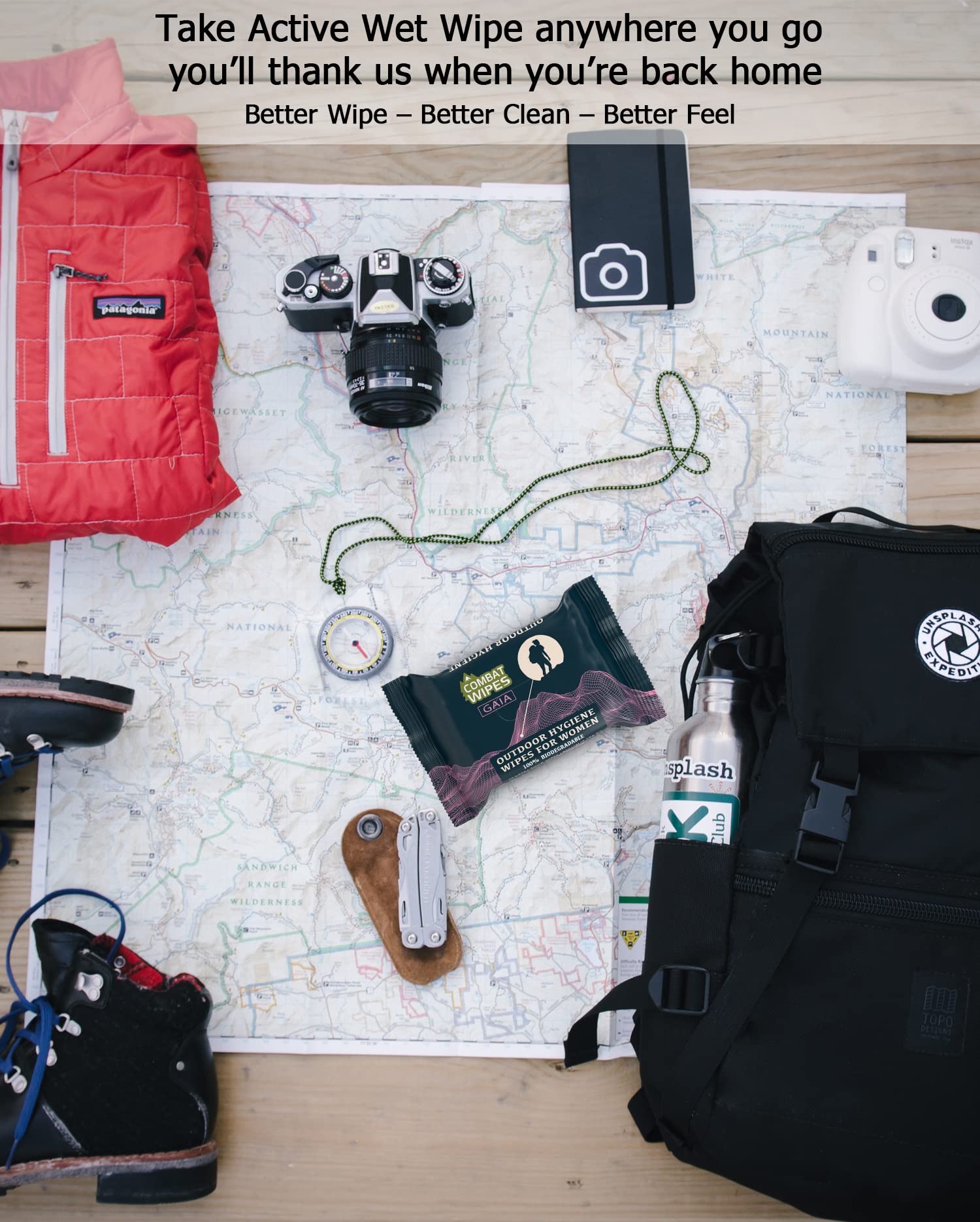 Combat Wipes Gaia safe for face and body use during camping