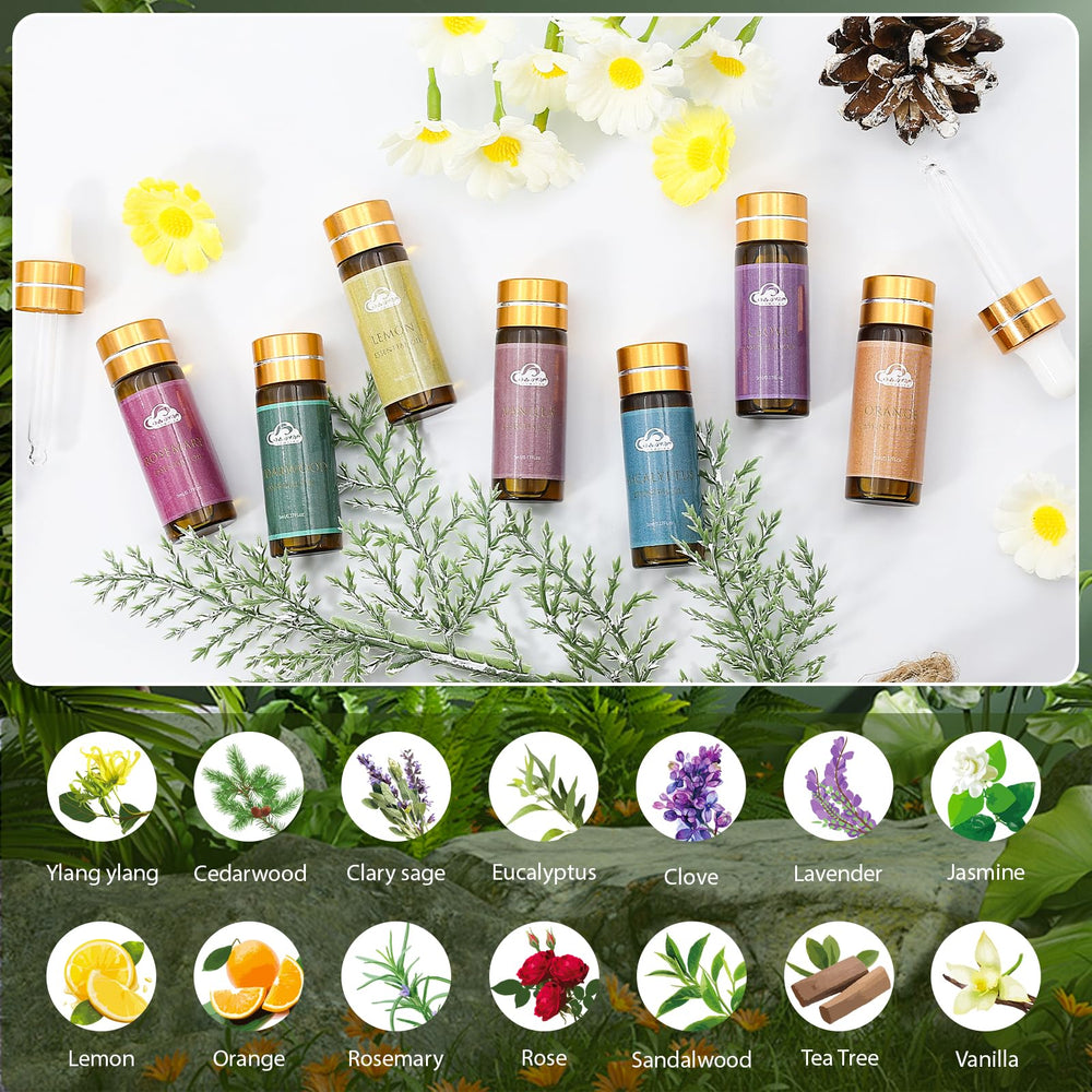 Comdian essential oils arranged for diffuser use and room fragrance.