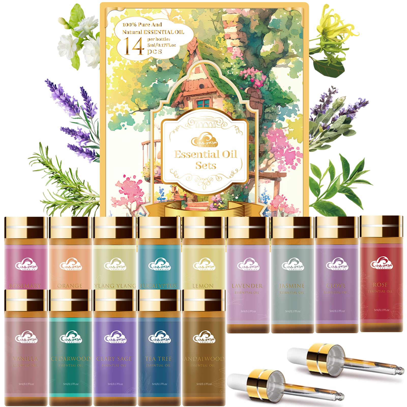 Comdian fragrance oils set bottles in a gift-ready box for home aromas.