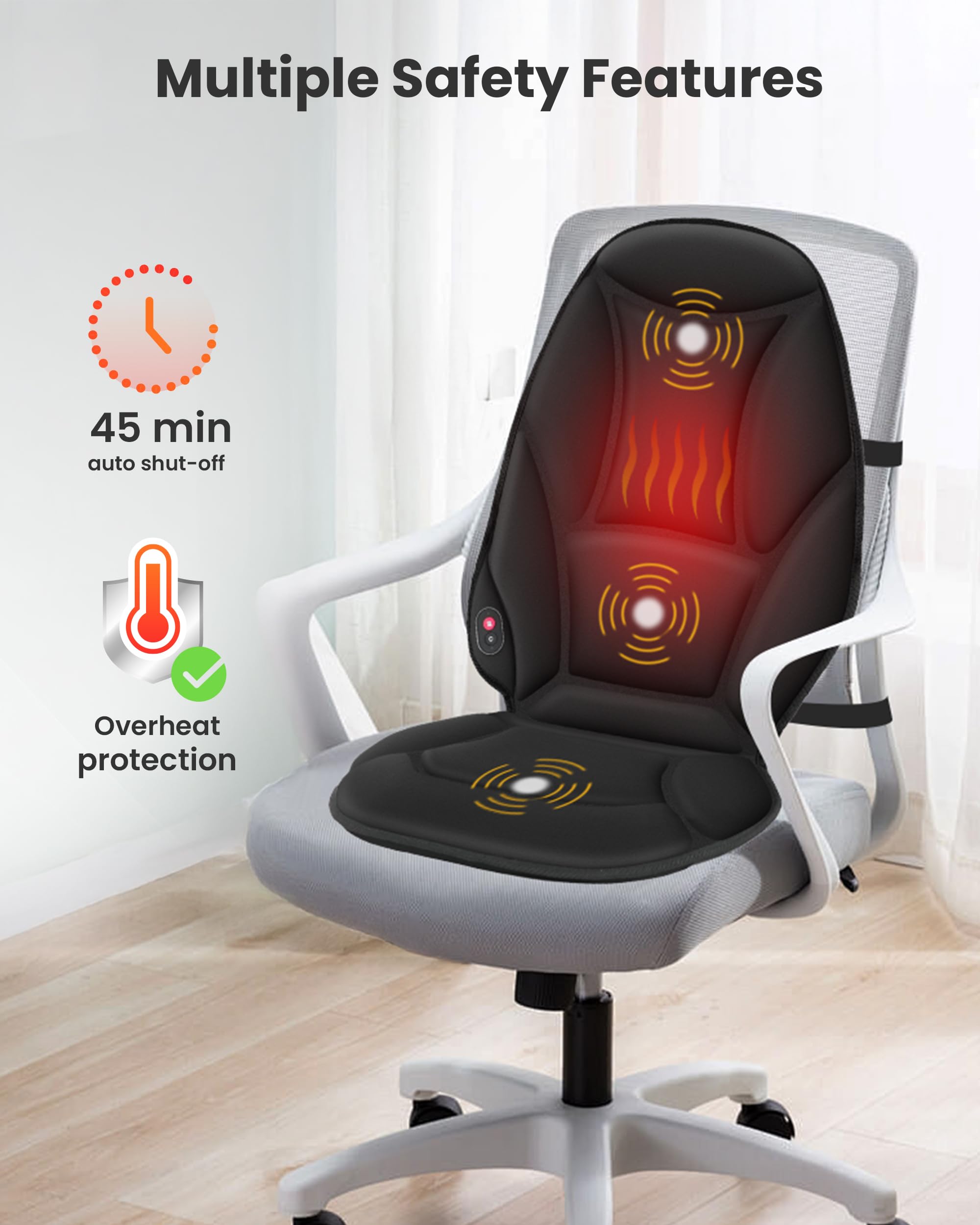 Adjustable strap secures to any chair for stable massage anywhere.