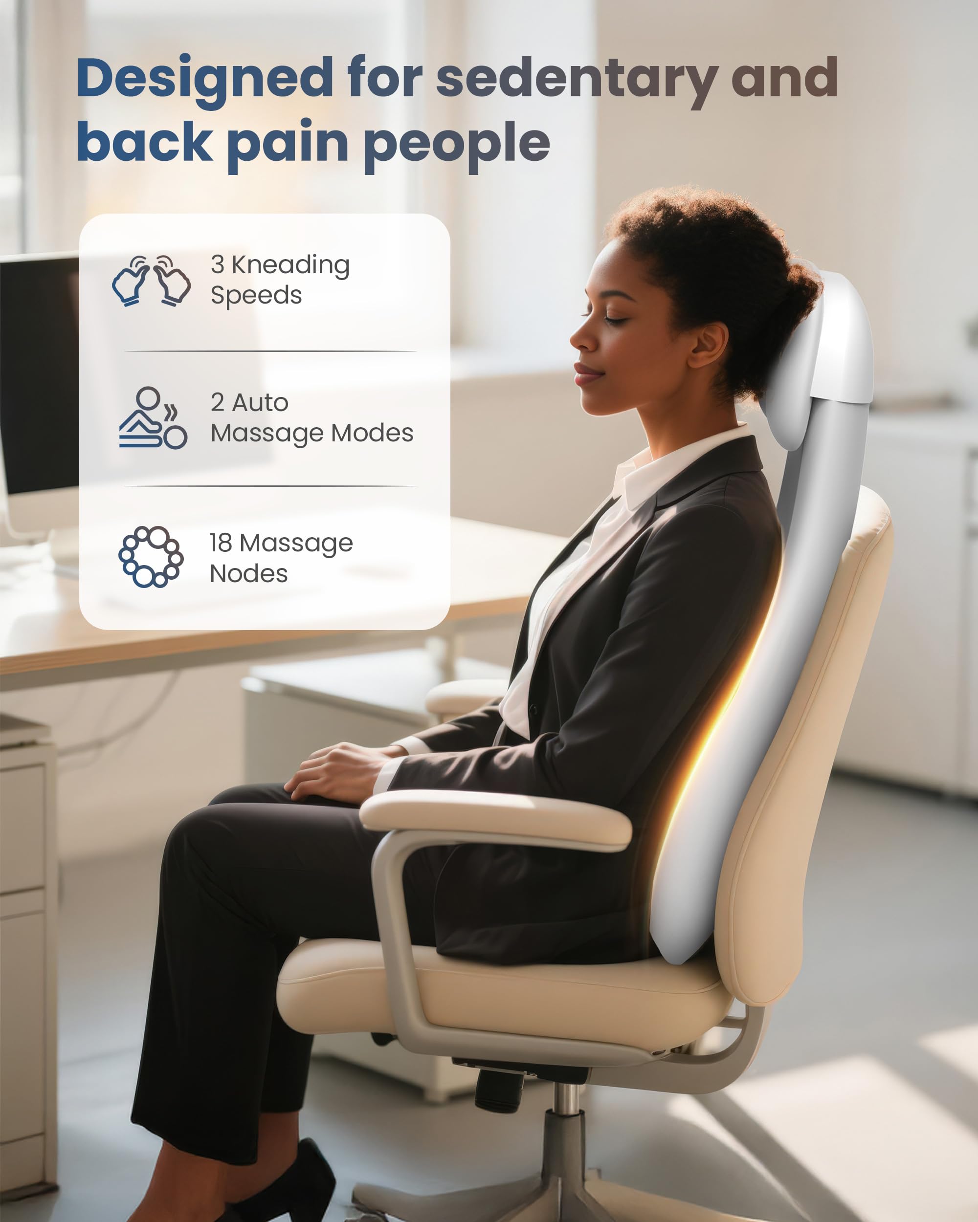 Adjustable massage heads on COMFIER pad for body-shape fit