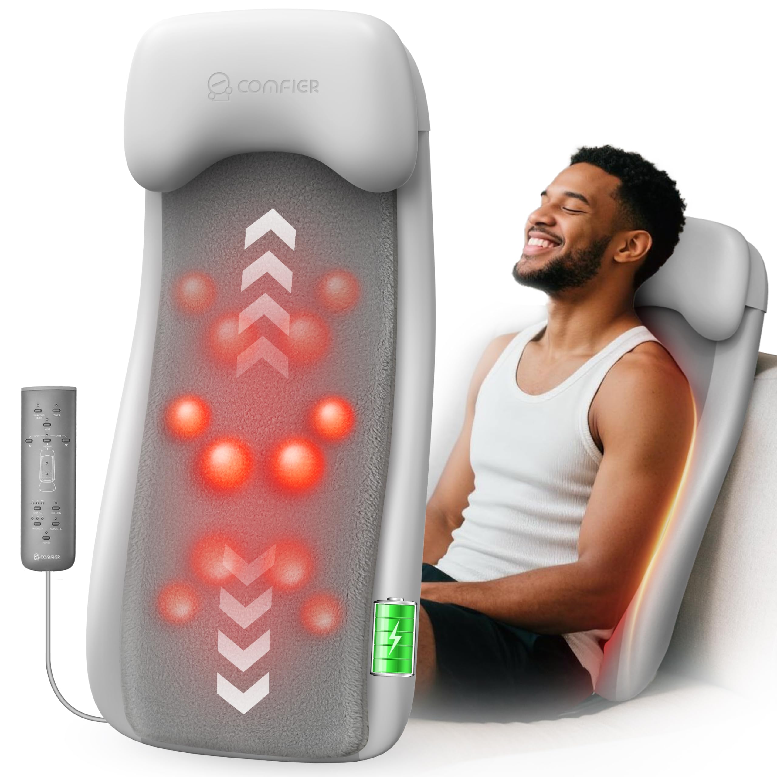 COMFIER cordless back massager with 18 kneading nodes for deep-relief back sessions at home