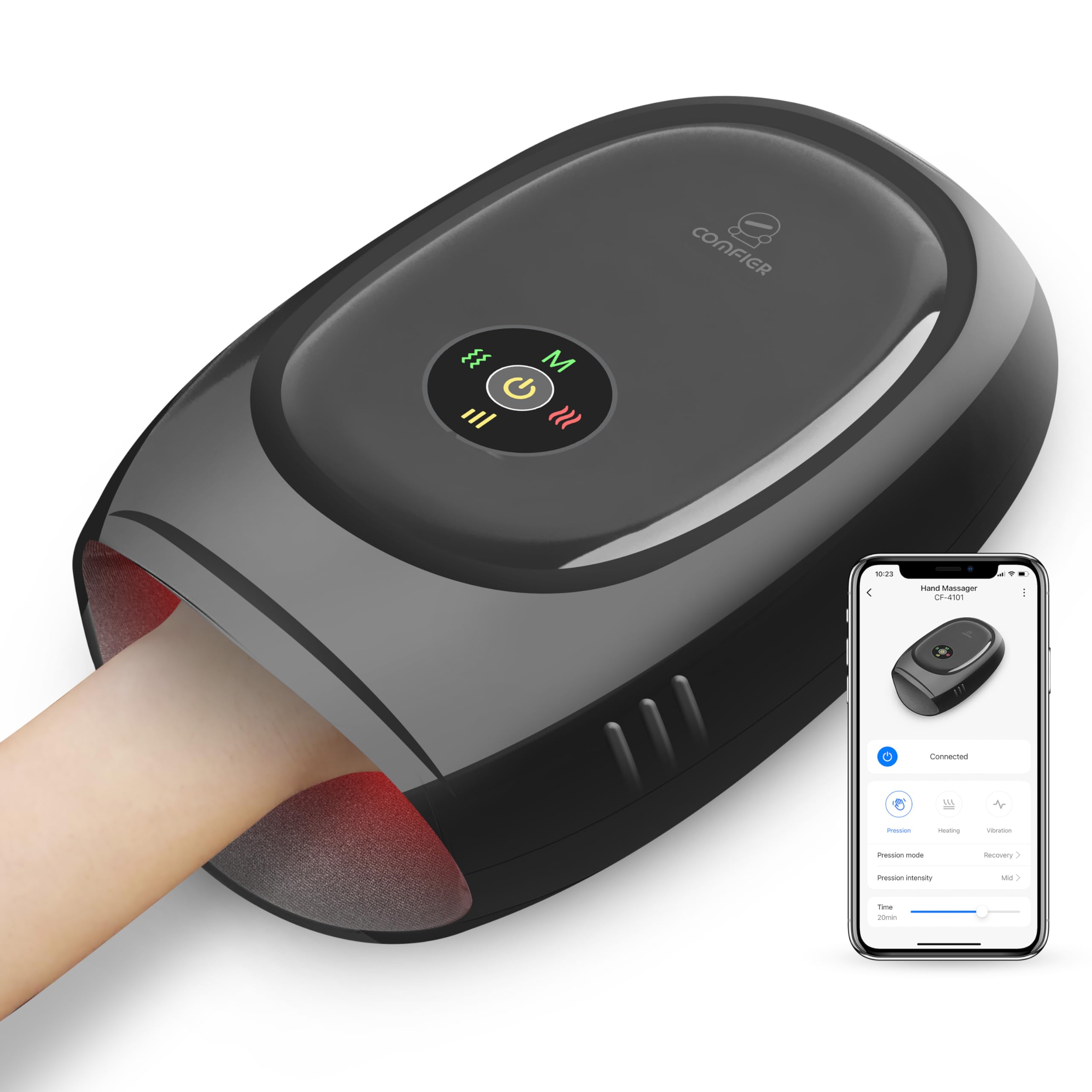 COMFIER cordless hand massager with heat and compression for day-long relief.