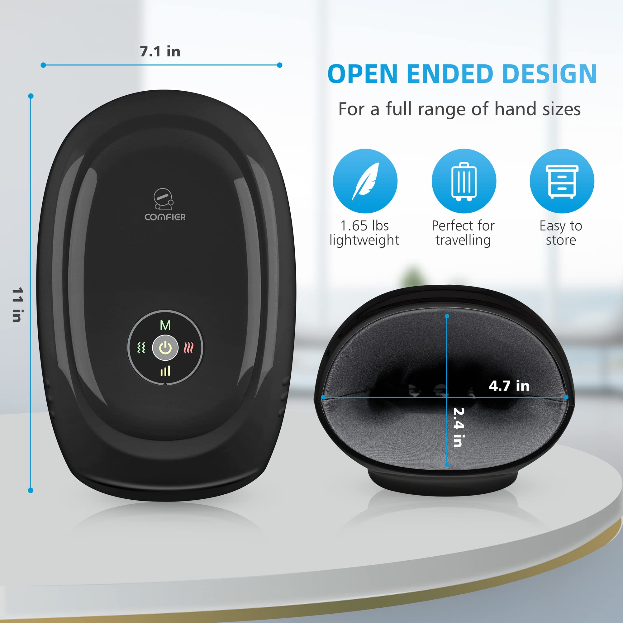 COMFIER palm and wrist massager on a table showing ergonomic design.