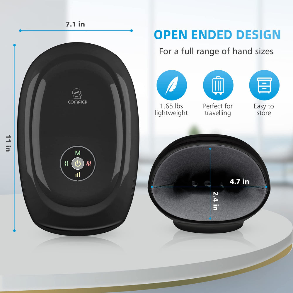 COMFIER palm and wrist massager on a table showing ergonomic design.
