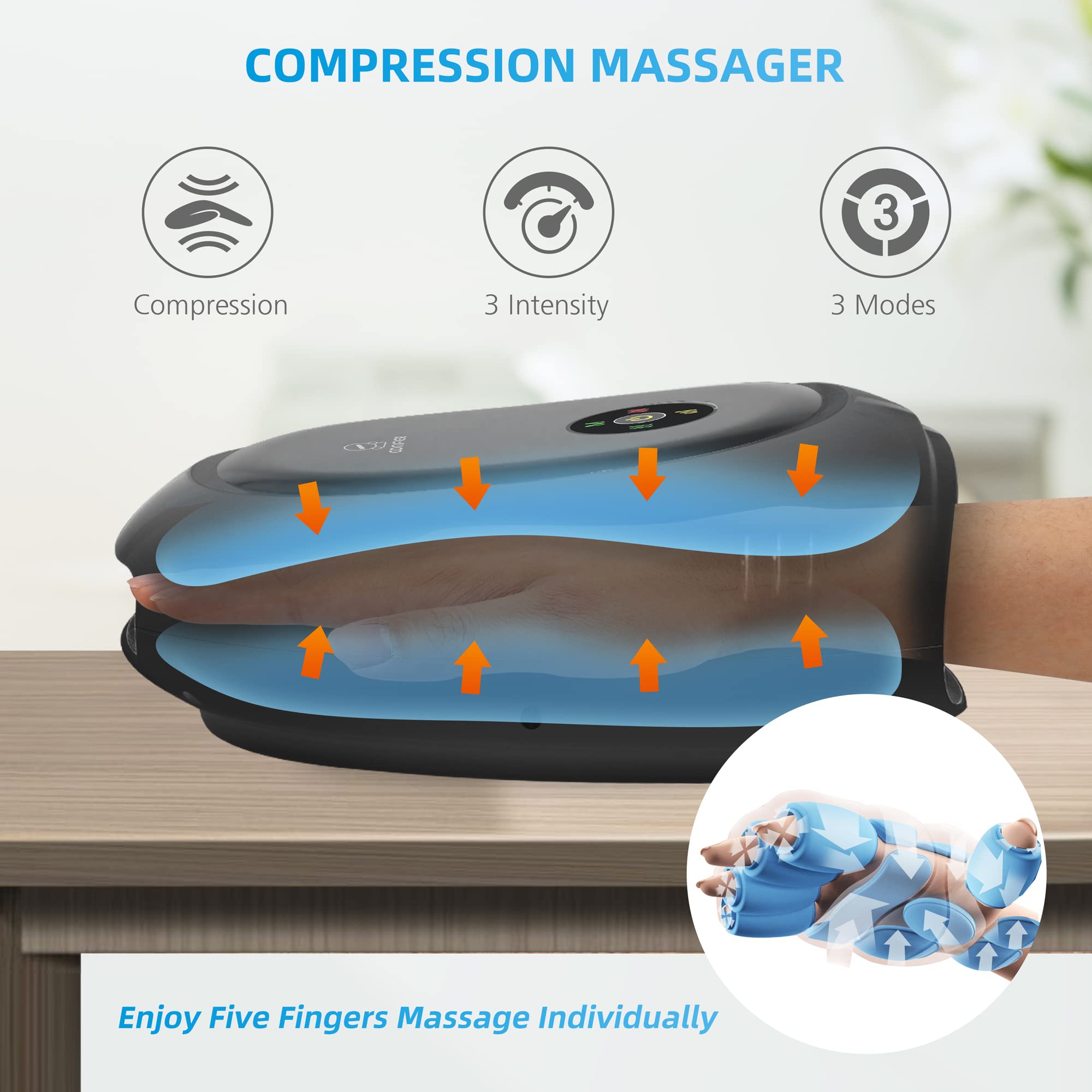 COMFIER cordless hand massager in use with vibration mode targeting hand muscles.