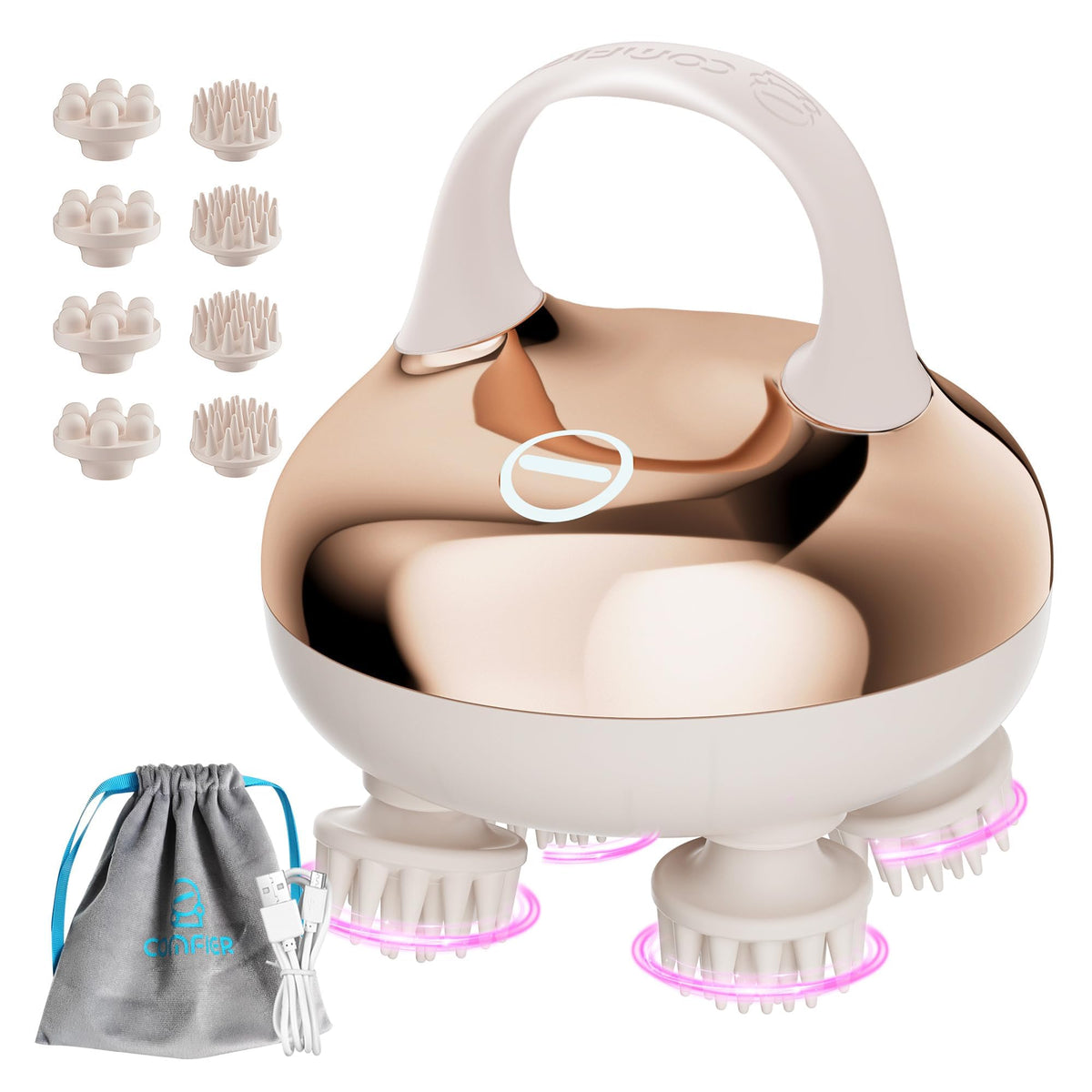 COMFIER Cordless Scalp Massager close-up showing 8 claws delivering deep kneading for relaxation.