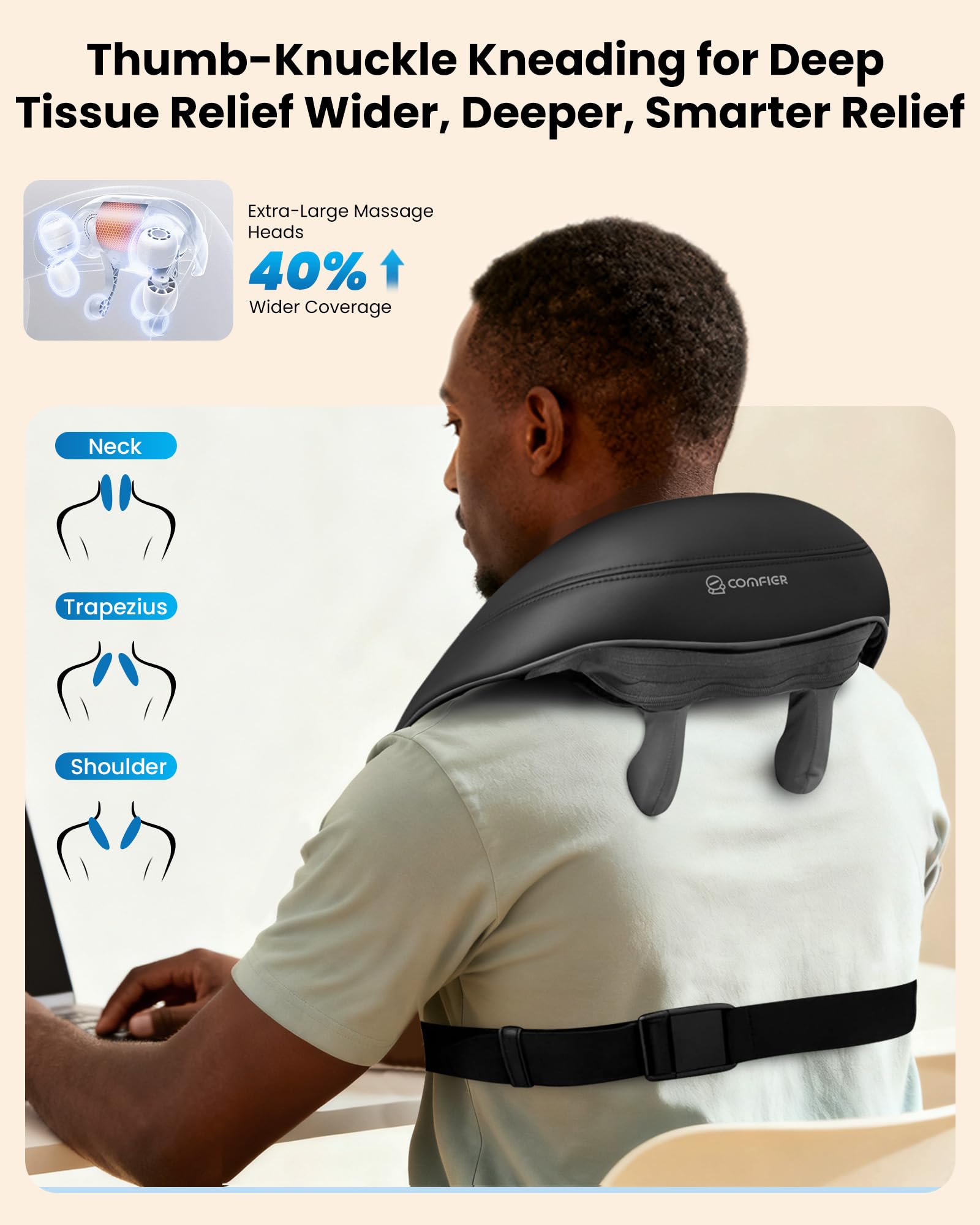 COMFIER ergonomic shoulder-massager design hugs curves for deep relief