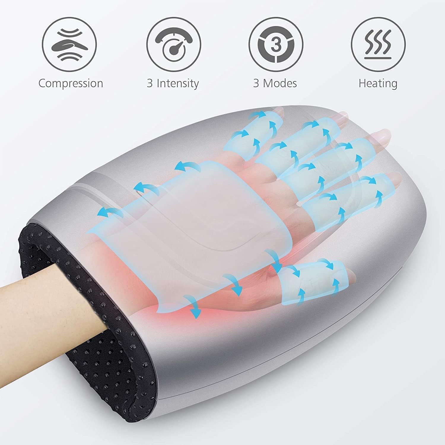 COMFIER Hand Massager control panel shows mode and intensity options.