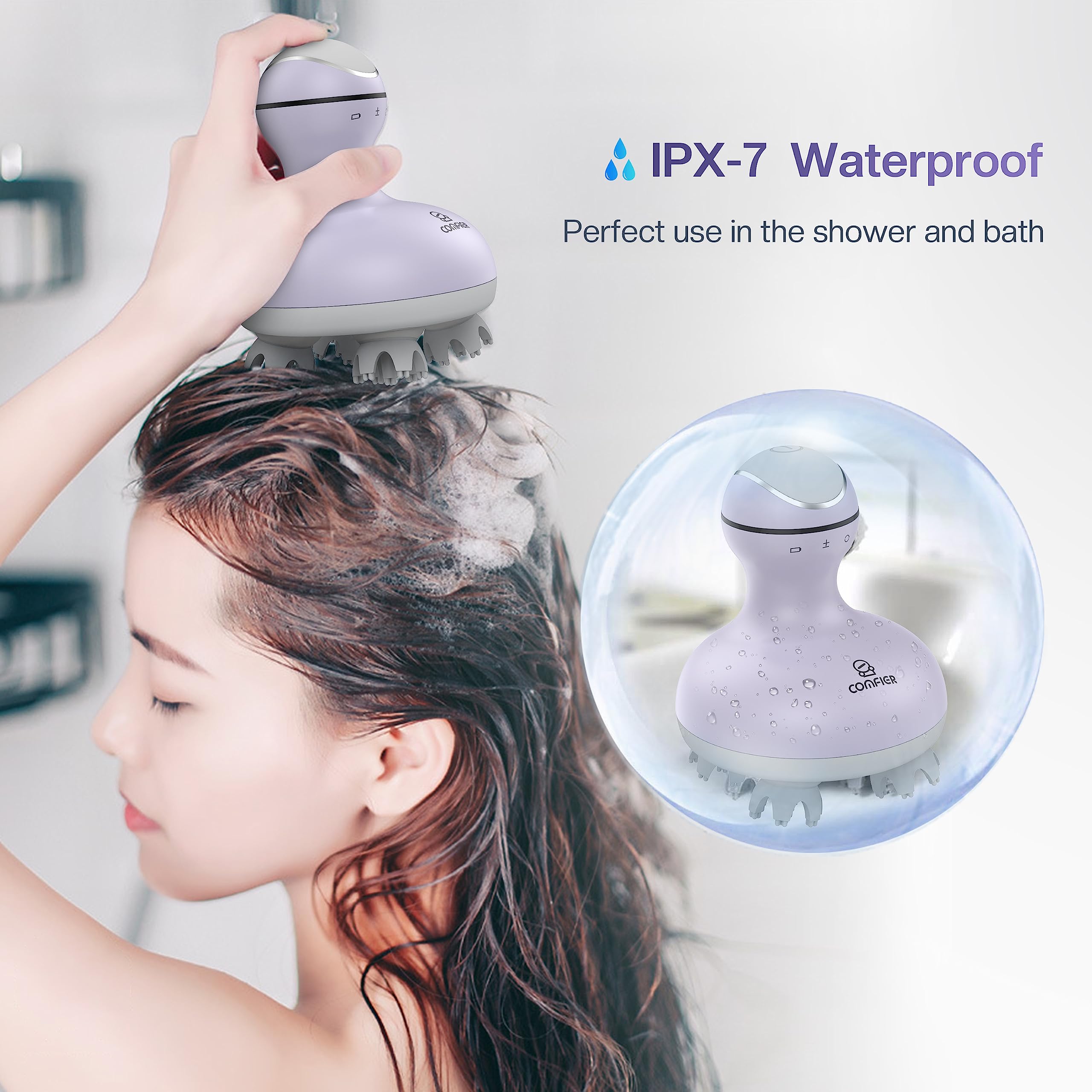 COMFIER scalp massager in action on scalp highlights relaxation benefits.