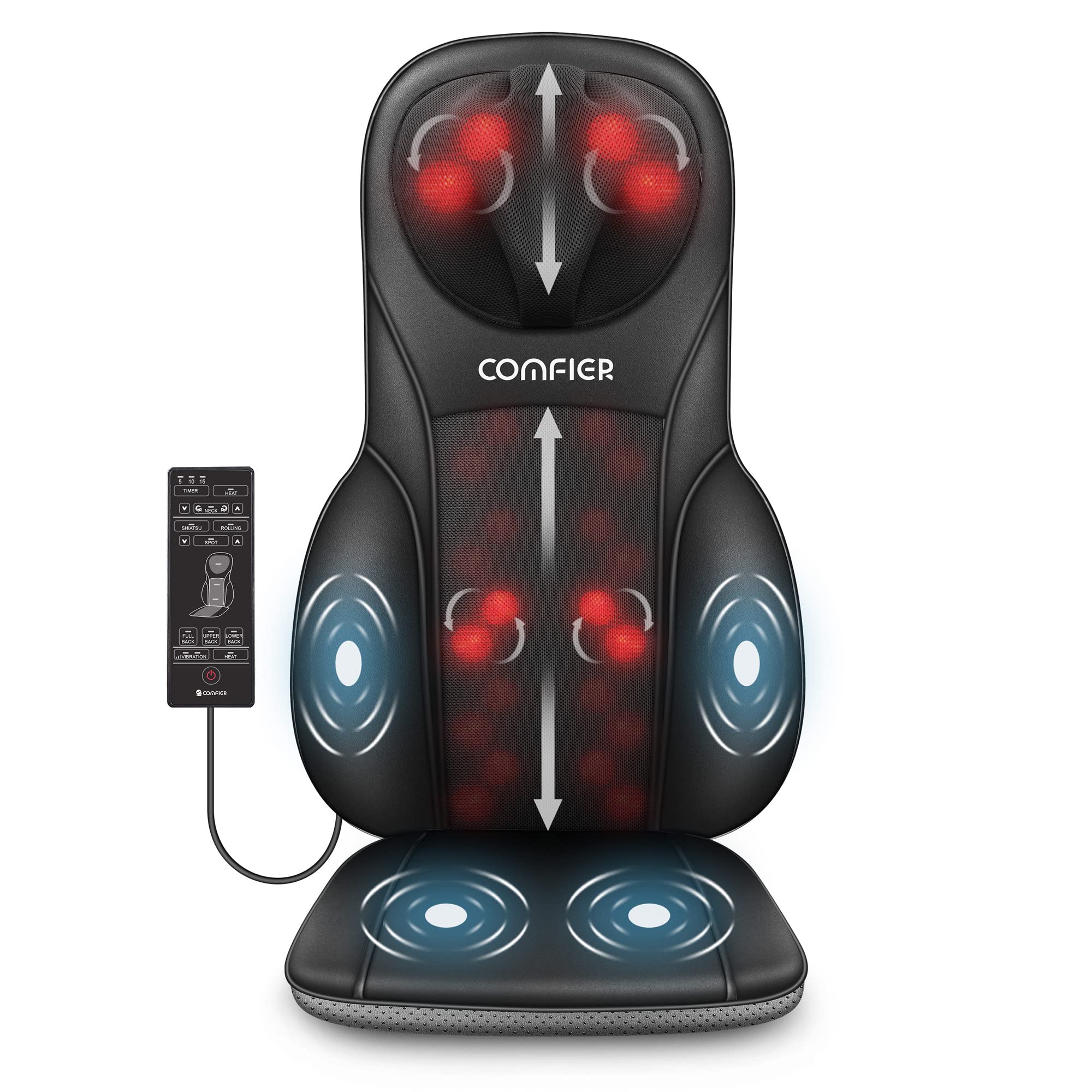 COMFIER shiatsu back massager full view on chair for home use.