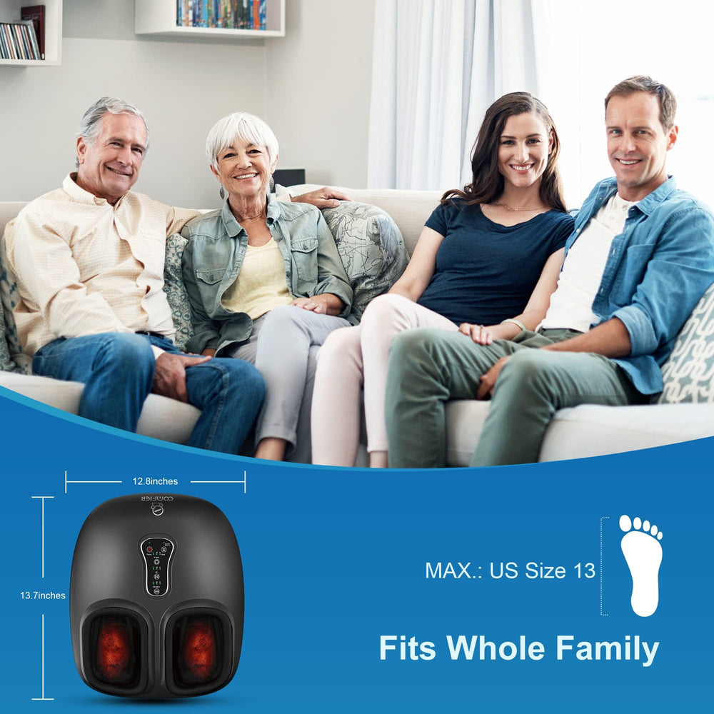 COMFIER Foot Massager control panel shows settings for personalized shiatsu, heat, and compression.