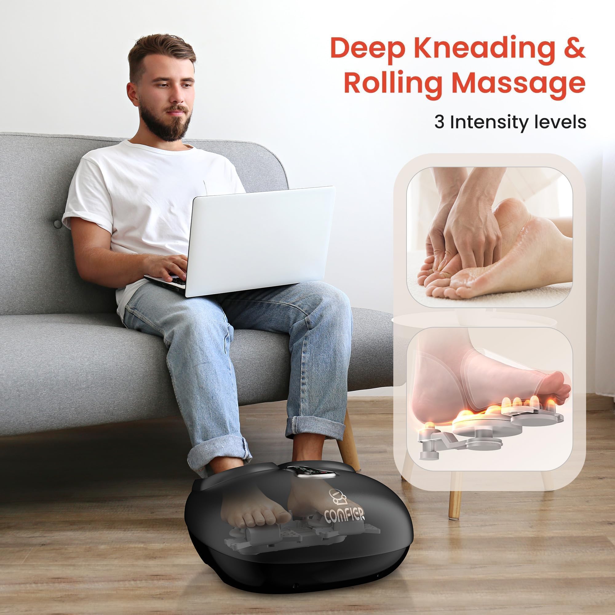 COMFIER Shiatsu Foot Massager fits feet up to 13 inches for versatility.