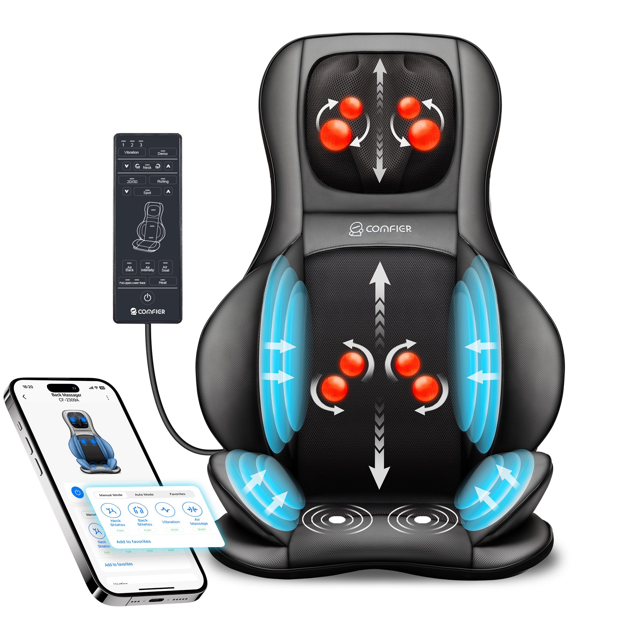 COMFIER shiatsu neck and back massager with heat on a chair for soothing home relaxation