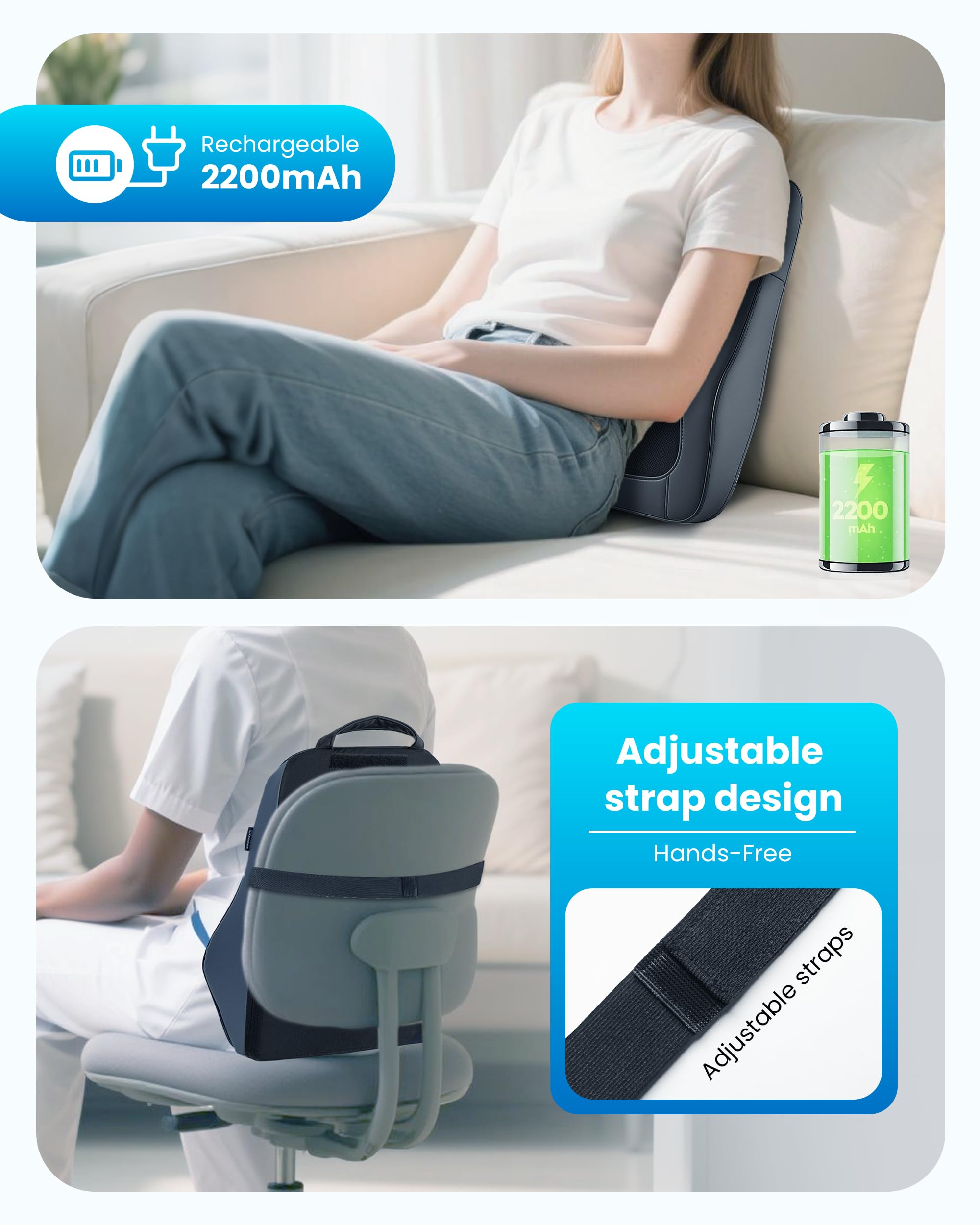 COMFIER travel-ready massager with handle and chair strap for secure attachment.