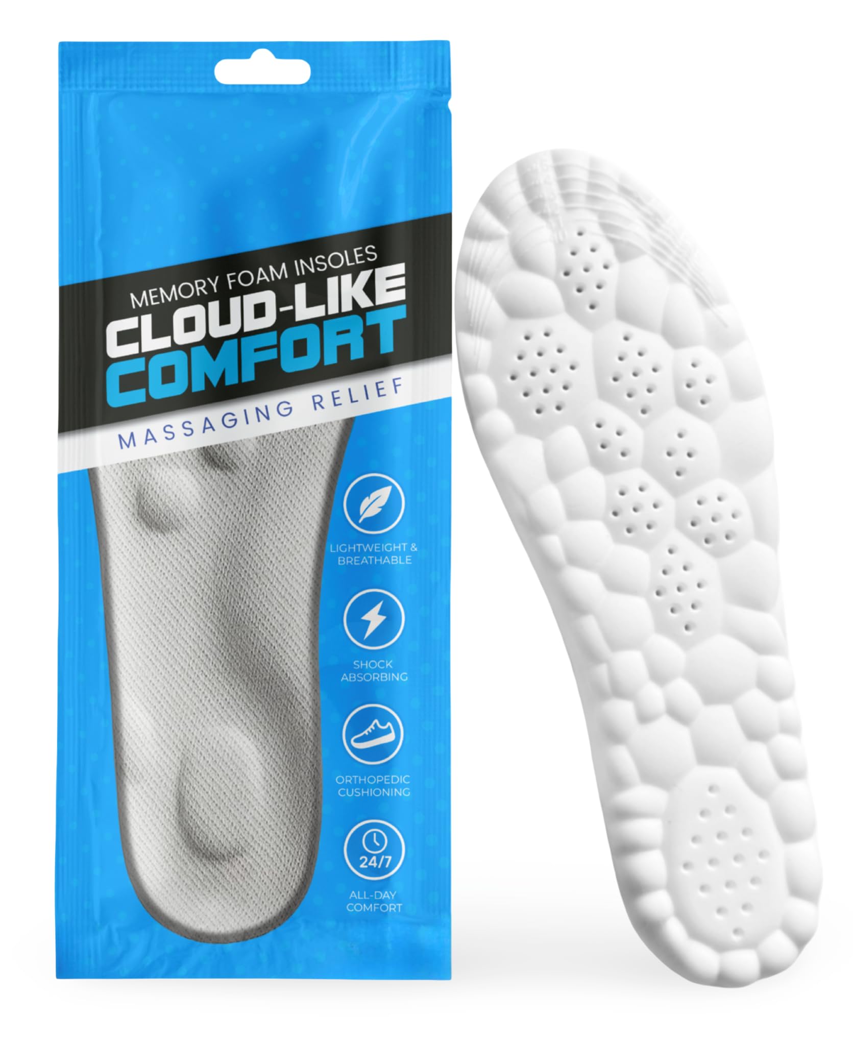 Comfort 365 Cloud Insoles product shot highlights 4D memory foam comfort for daily wear.