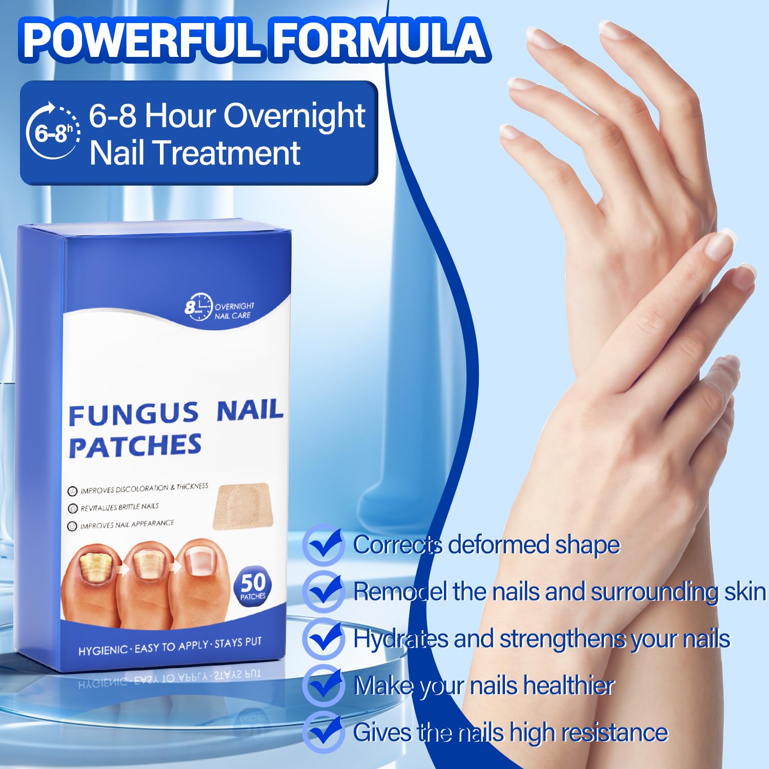 Caja de parches Comfort para hongos de uñas, fácil de usar.