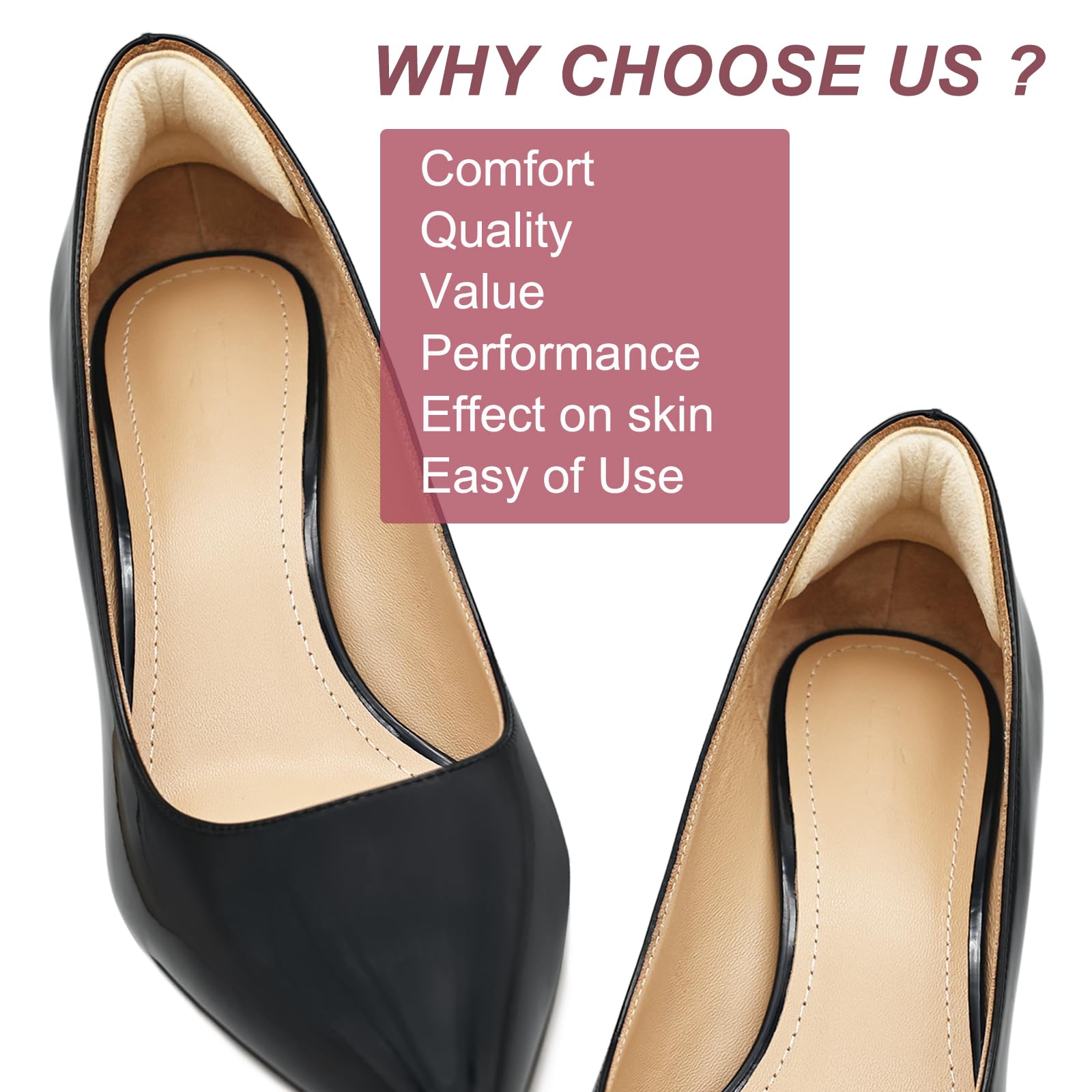 Comfowner heel cushion pad on various shoes demonstrates versatile fit and stability.