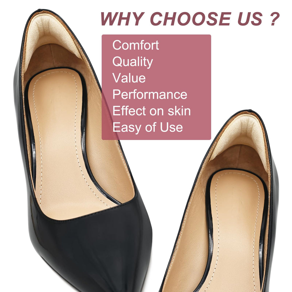 Comfowner heel cushion pad on various shoes demonstrates versatile fit and stability.