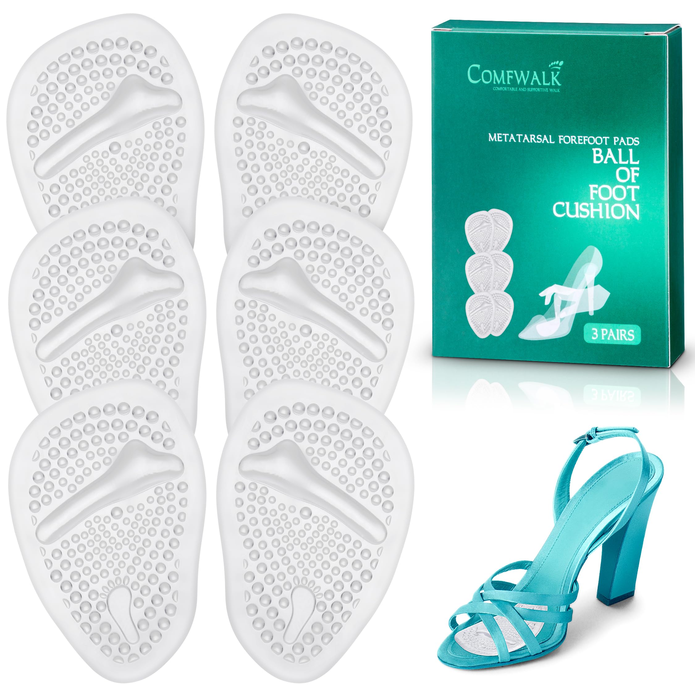 Comfwalk metatarsal pads pack 3 pairs shown for all day comfort