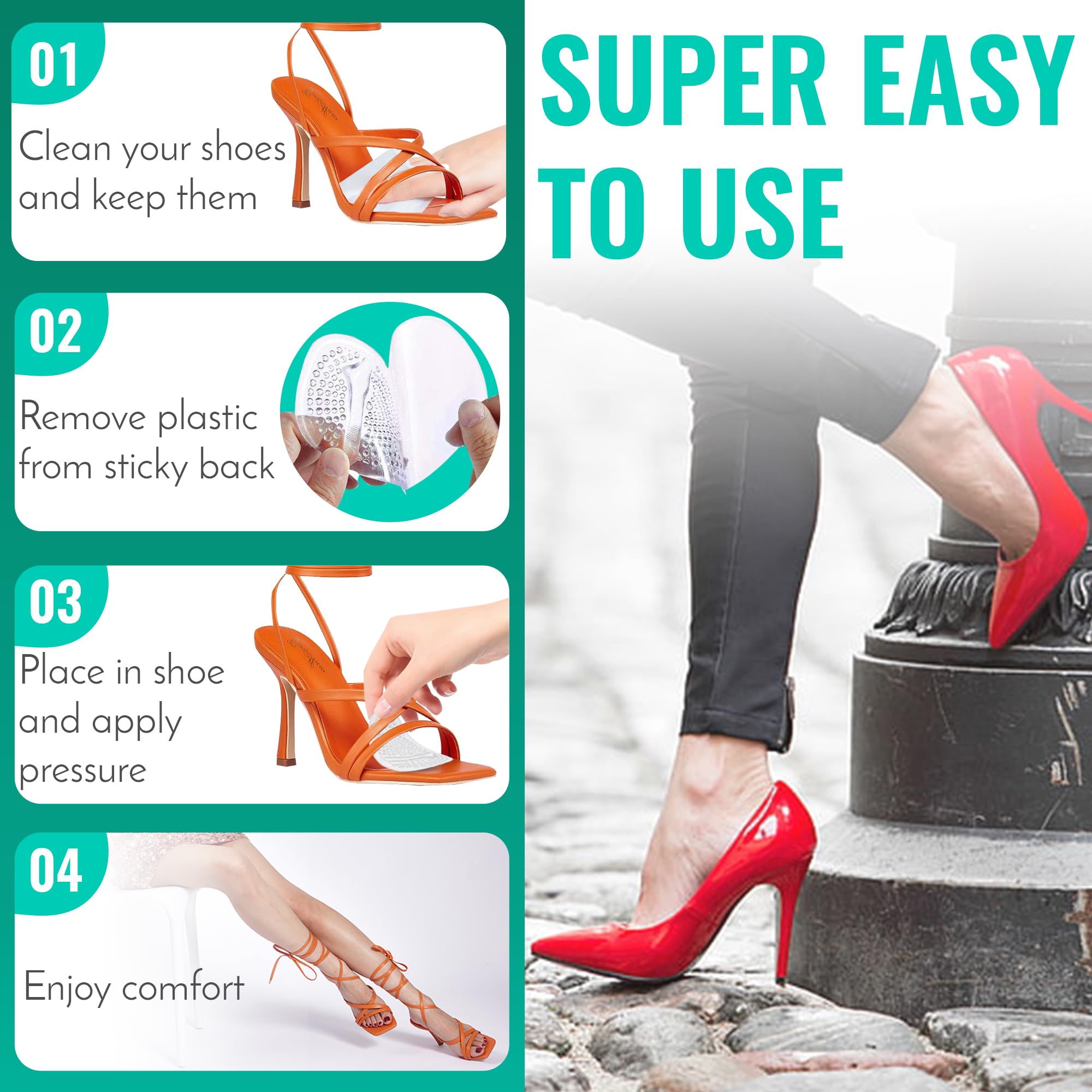 Comfwalk StepEase self-adhesive grip surface keeps pads securely in dress shoes.