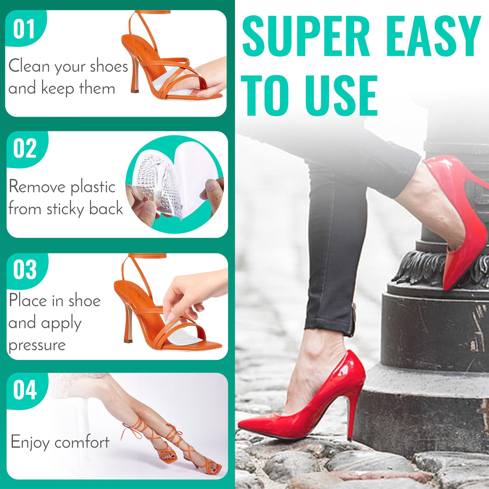 Comfwalk StepEase self-adhesive grip surface keeps pads securely in dress shoes.