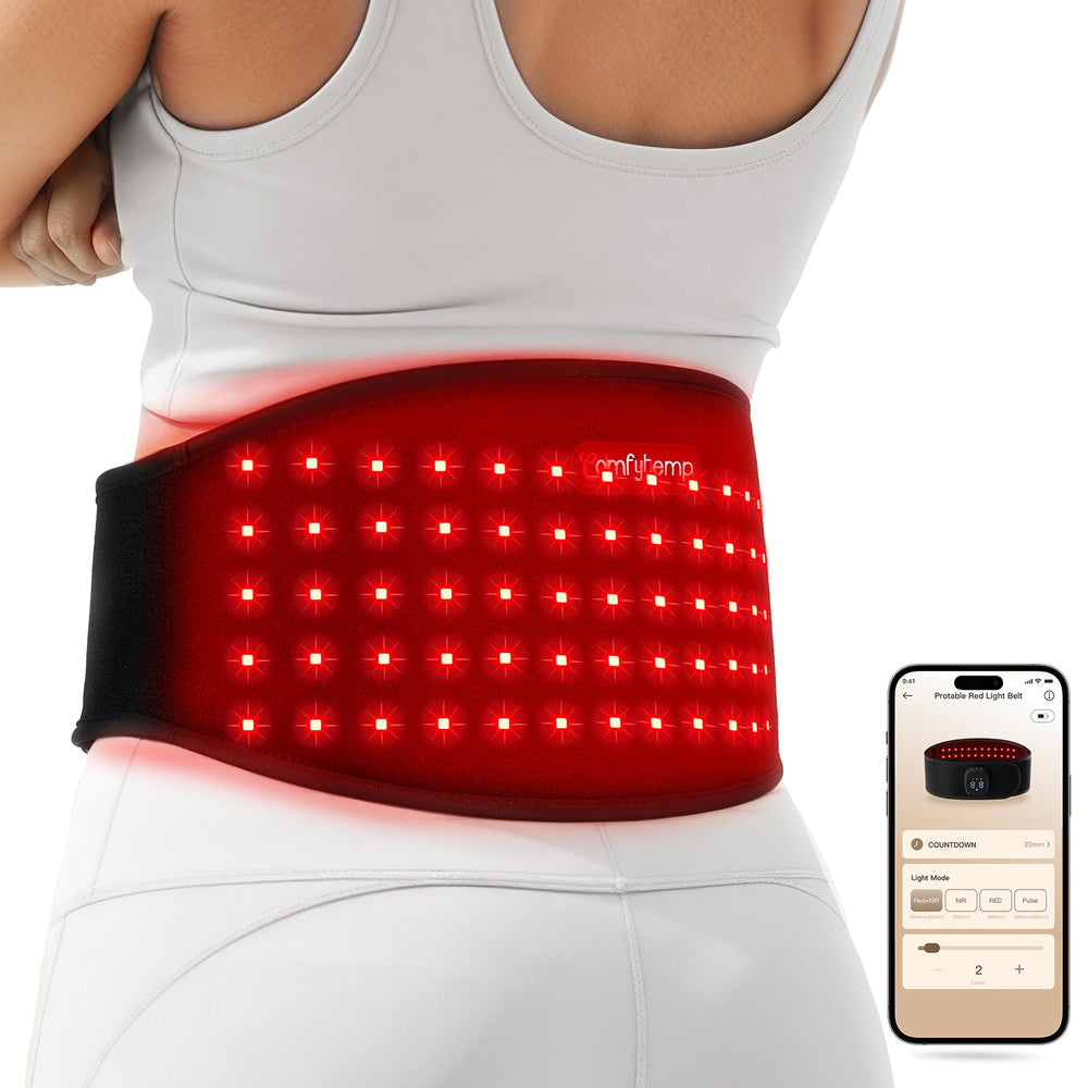 Comfytemp belt front view shows compact wearable red light therapy for targeted relief