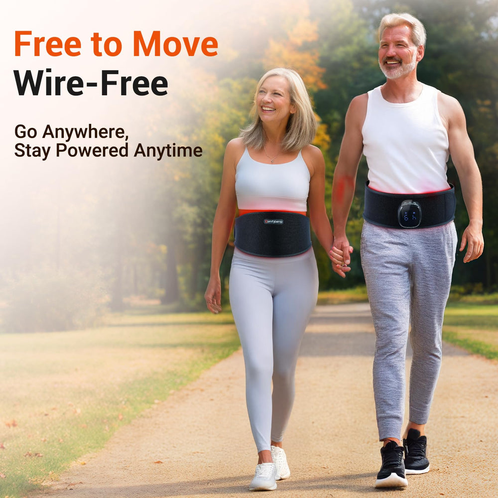 Comfytemp belt side view with strap demonstrates adjustable fit for comfort