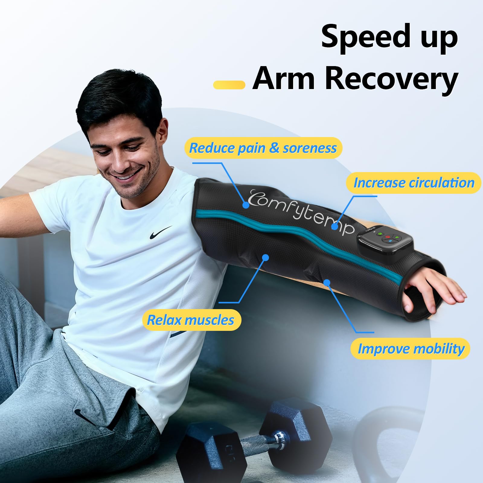 Comfytemp K1065 arm massage device side view showing cordless therapy on the go