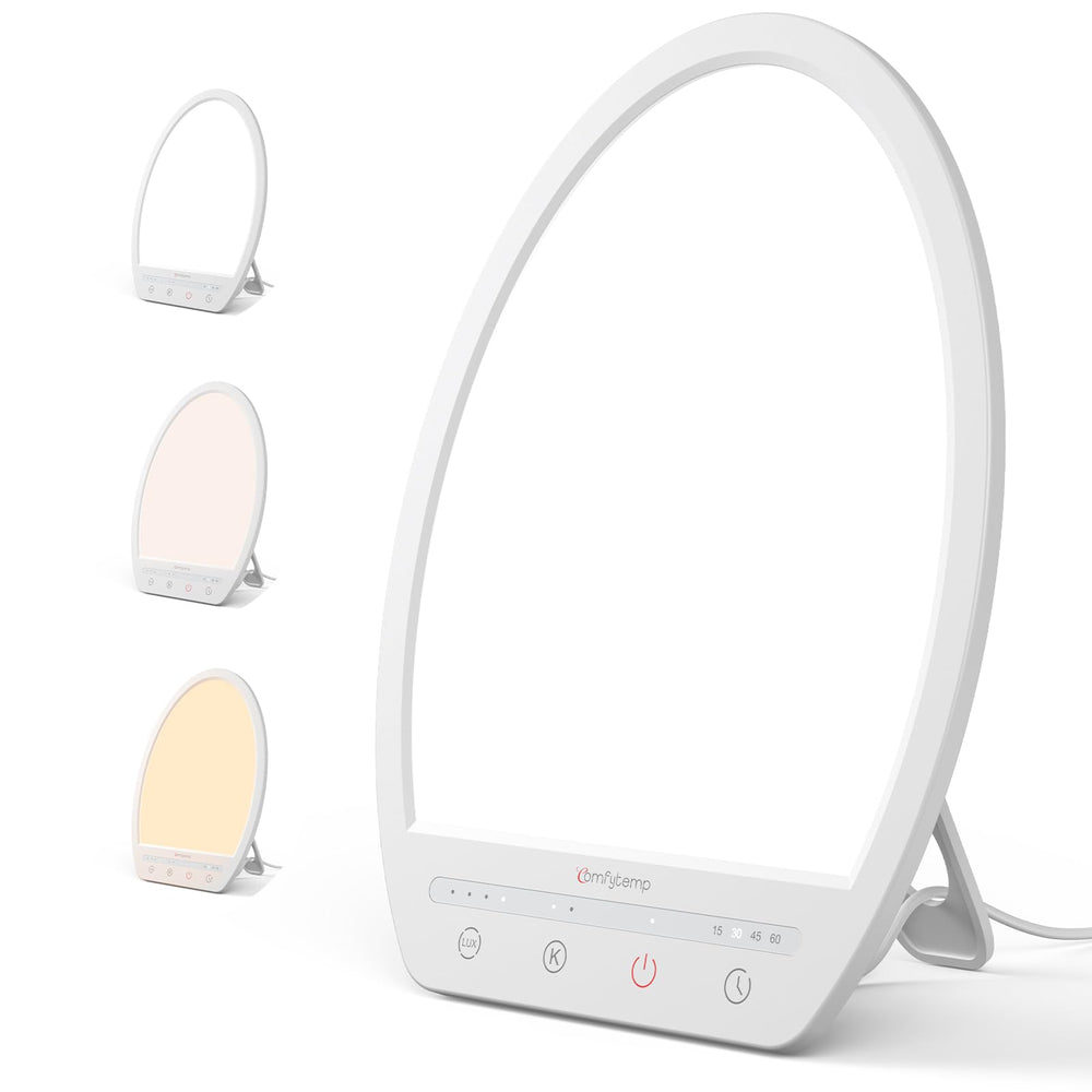 Comfytemp light therapy lamp on desk delivers up to 16,000 lux for mood lift.