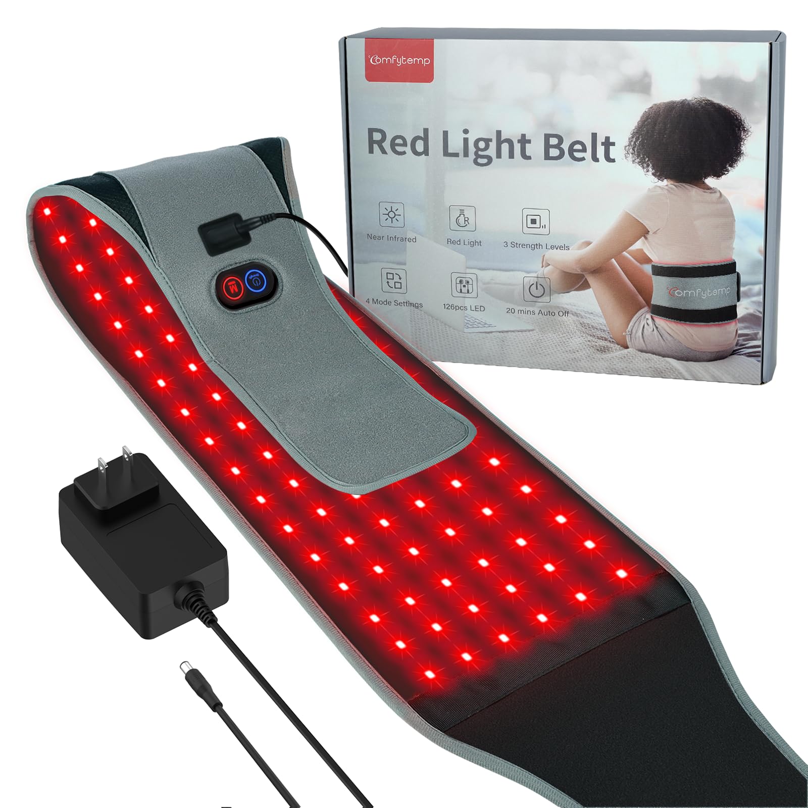 Comfytemp Red Light Therapy Belt front view highlighting 126 LEDs for home use.