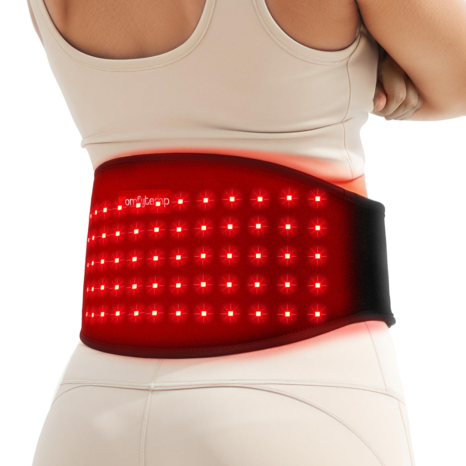 Comfytemp red light therapy belt worn at the waist for portable relief.