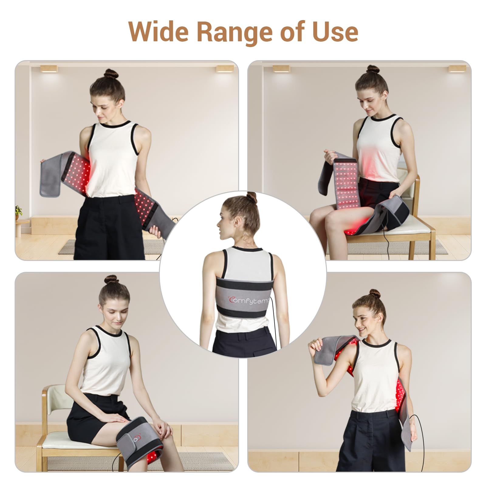 Comfytemp Red Light Therapy Belt side view shows dual wavelengths for targeted exposure.