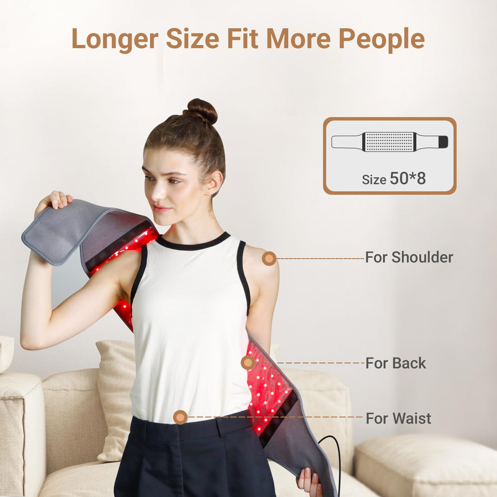 Comfytemp Red Light Therapy Belt wrapped on waist demonstrates versatile coverage.