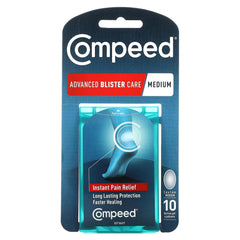 Compeed Advanced Blister Care Cushions pack-shot showing the 10-count medium pack for on-the-go protection