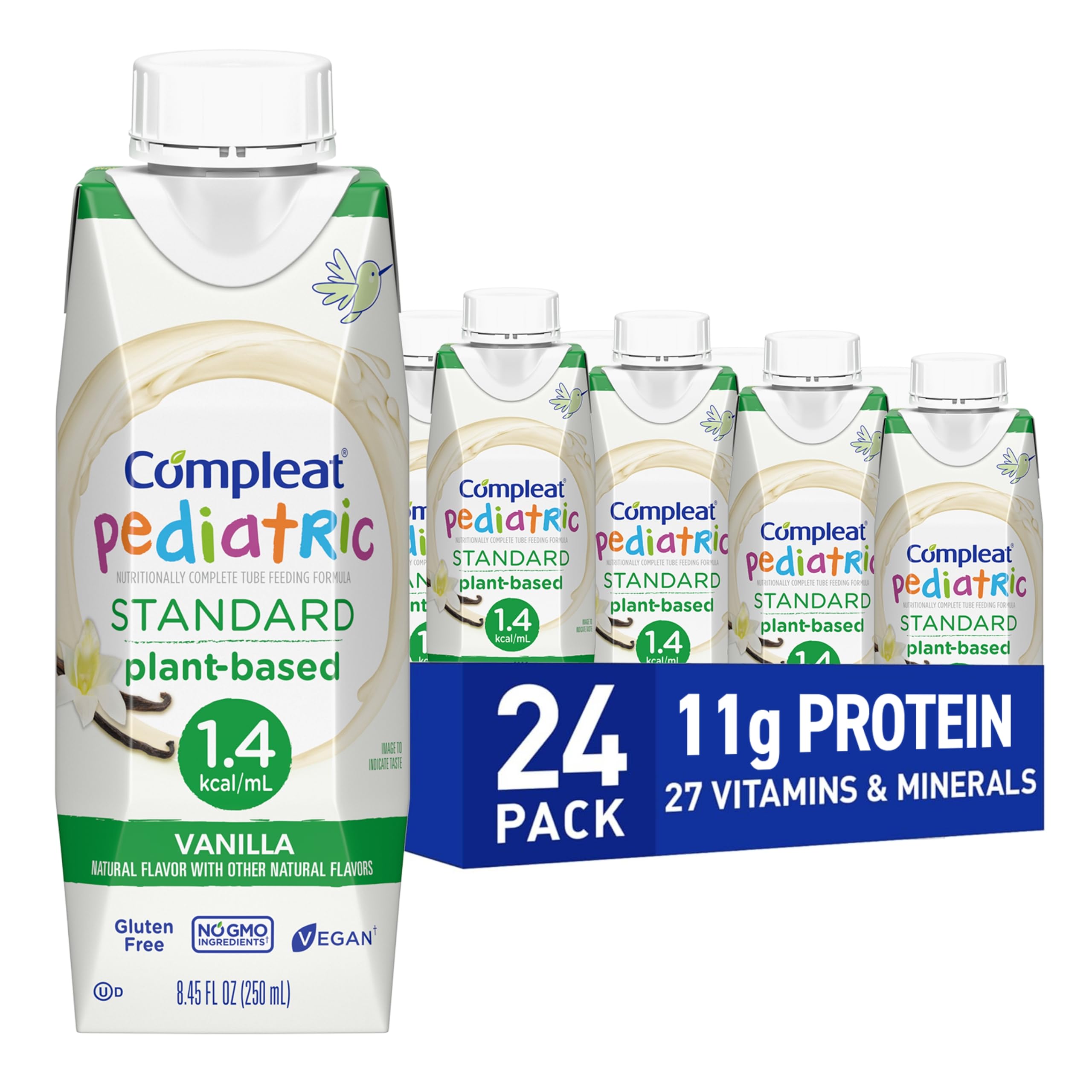 Compleat Pediatric Standard vanilla bottle demonstrates plant-based nutrition for kids