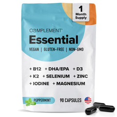 Complement Essential vegan multivitamin bottle front view for daily nutrition support.