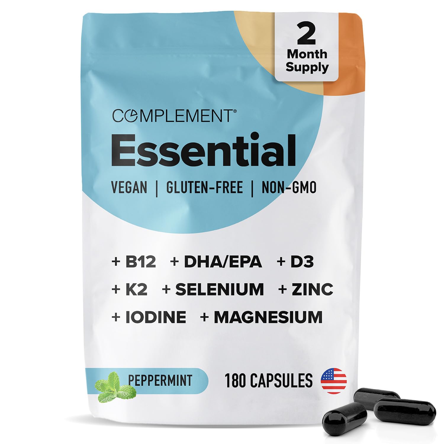 Complement Essential Vegan Multivitamin bottle for daily energy and immune support.