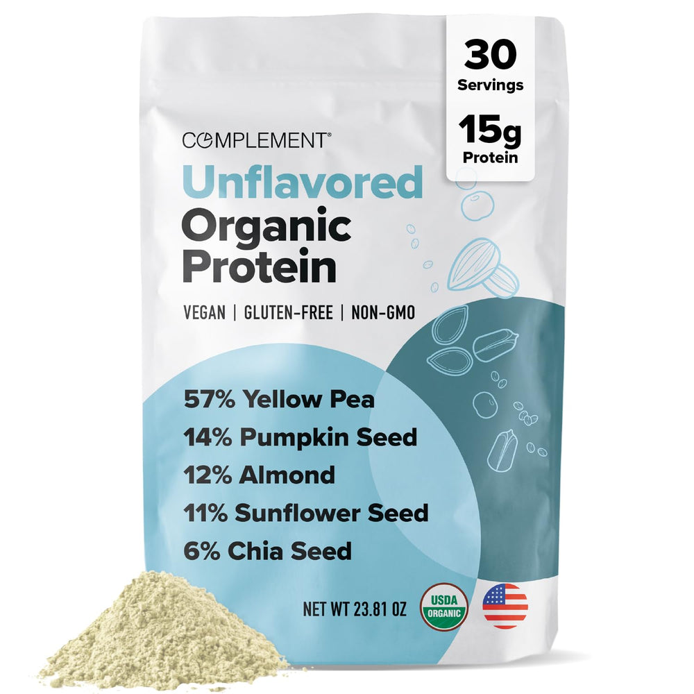 Complement Organic Unflavored Protein Powder bottle shows plant-based protein for everyday meals